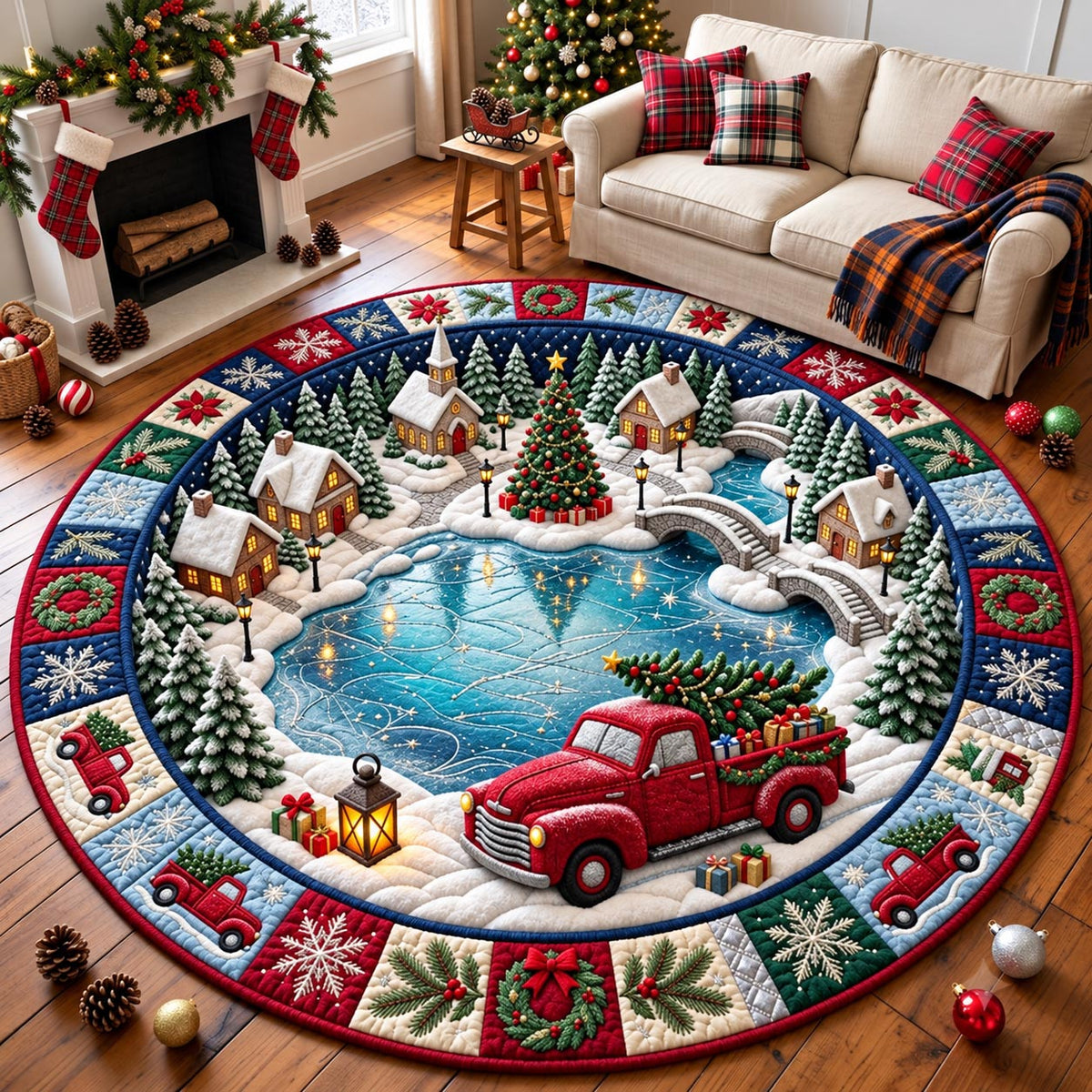 Christmas Lake Truck Quilted Round Mat GFTOMA14545