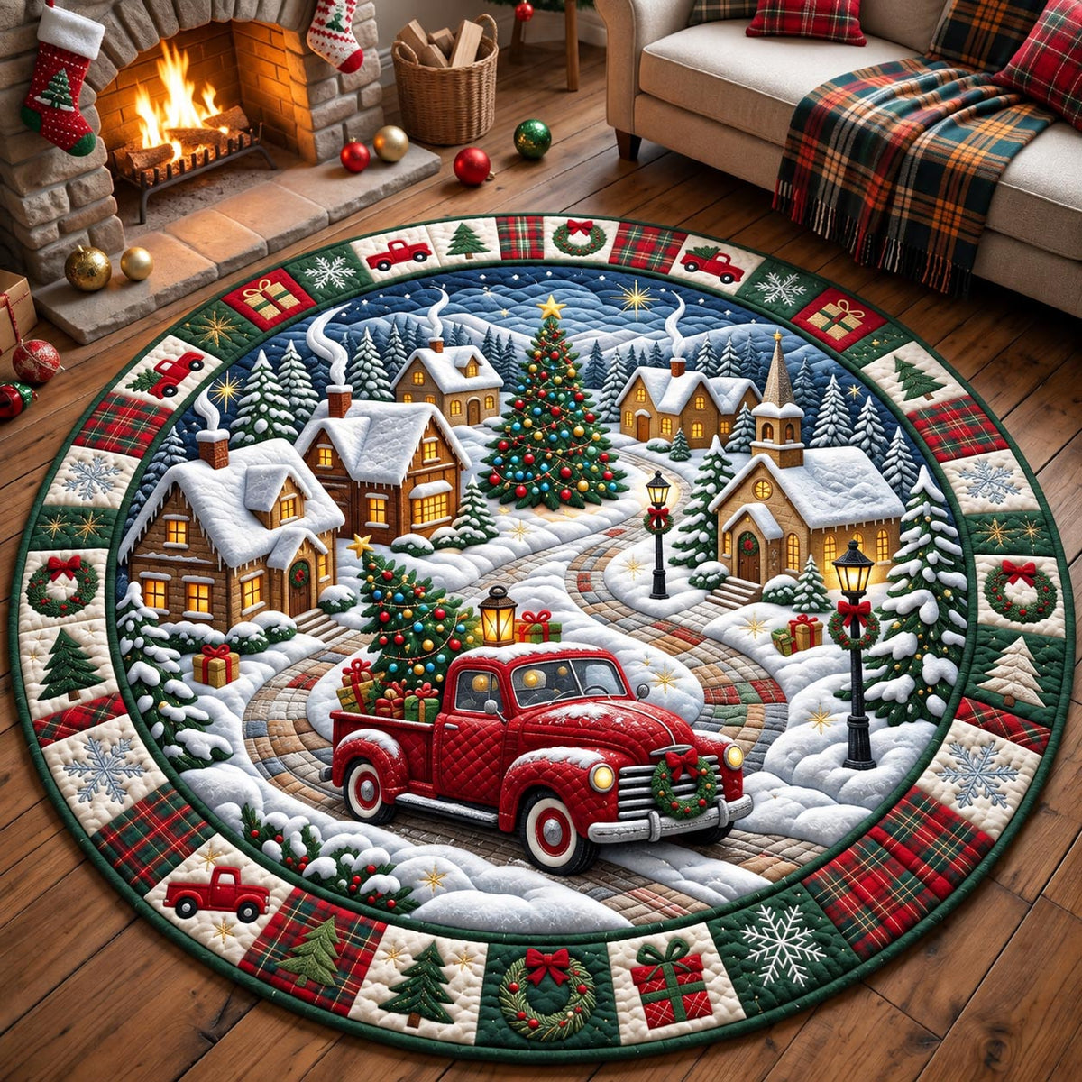 Christmas Village Truck Quilted Round Mat GFTOMA14547