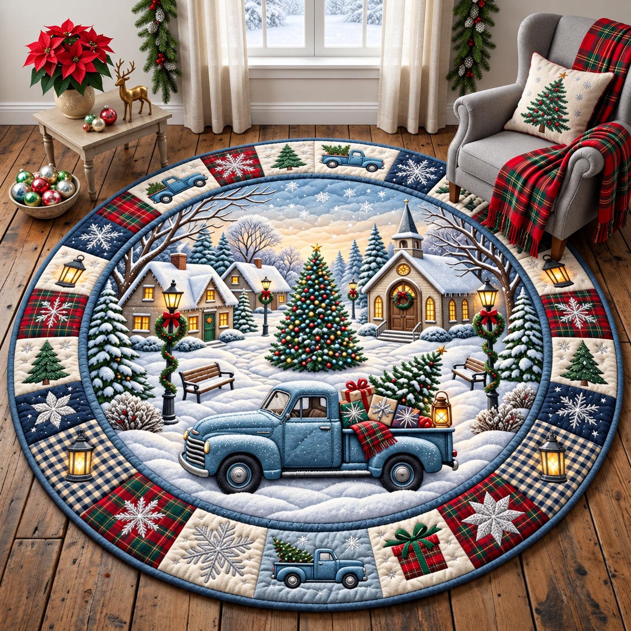Snowy Village Truck Quilted Round Mat GFTOMA14548
