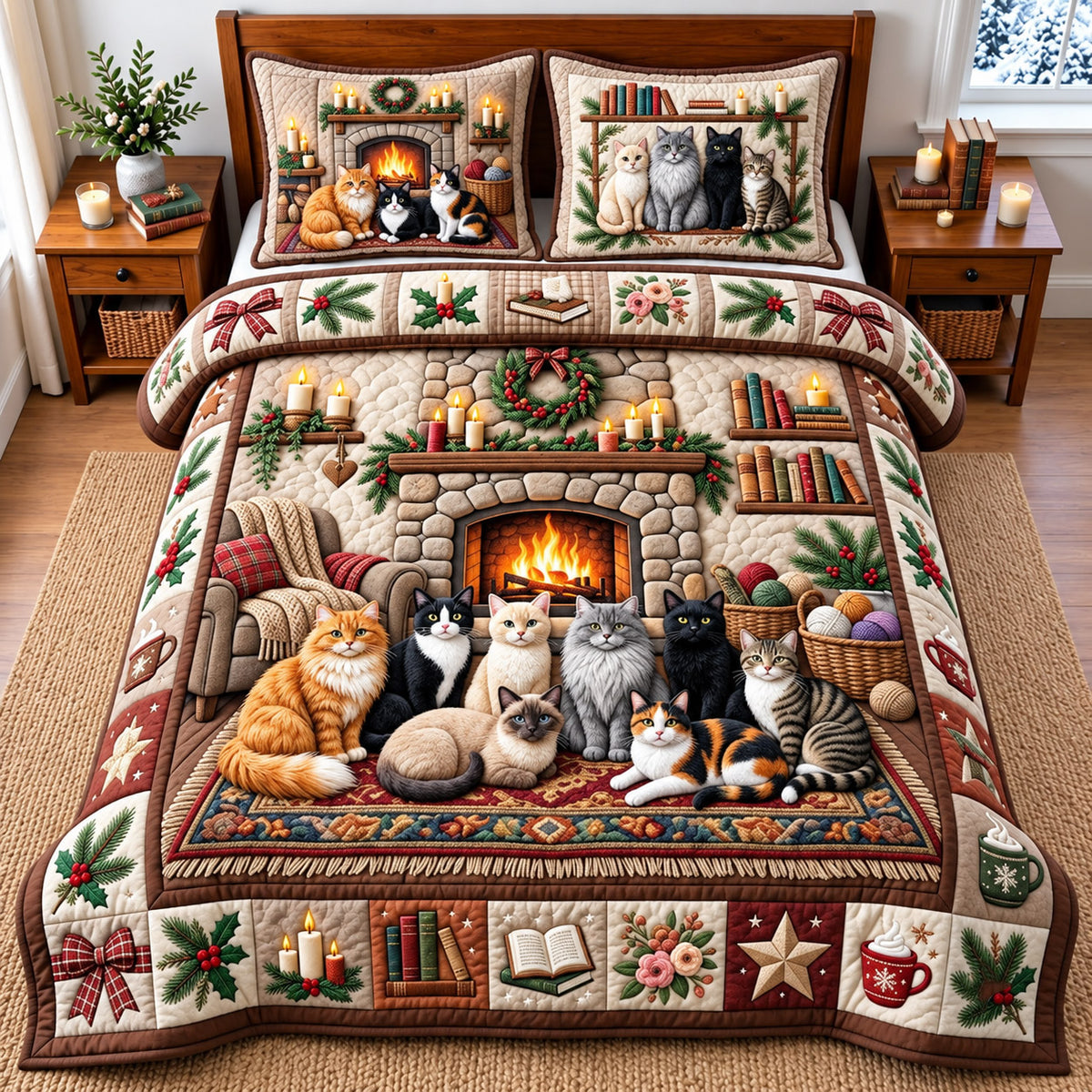 Fireplace Cat 3-Piece Quilted Bedding Set GFTOMA14763