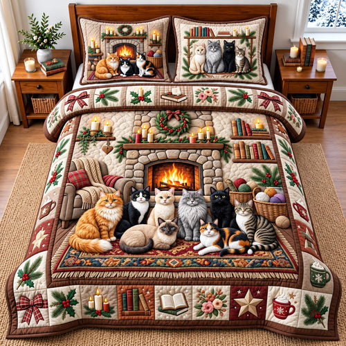 Fireplace Cat 3-Piece Quilted Bedding Set GFTOMA14763