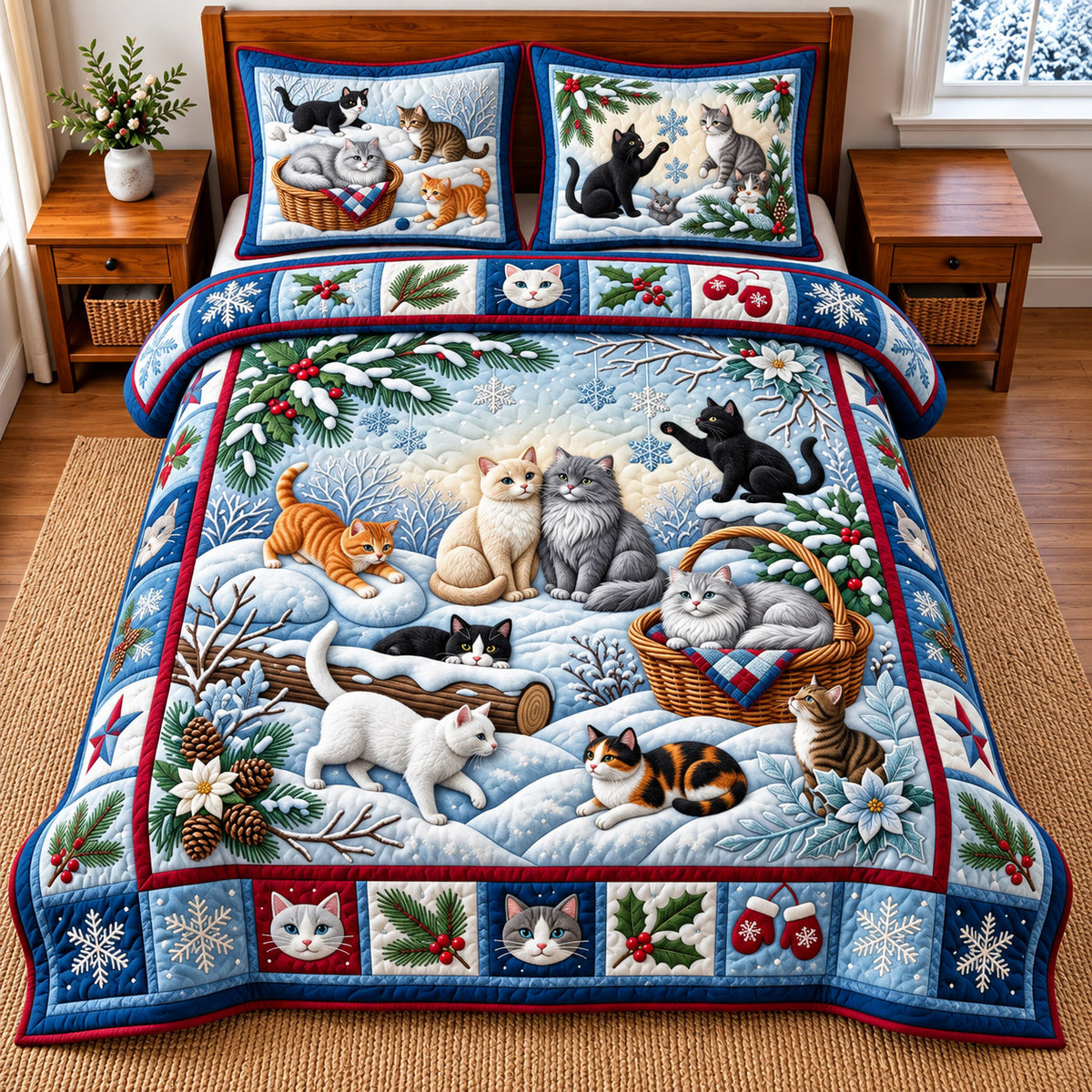 Snowy Cat 3-Piece Quilted Bedding Set GFTOMA14766