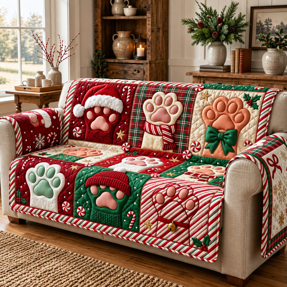 Christmas Paw Quilted Sofa Cover GFTOMA14767