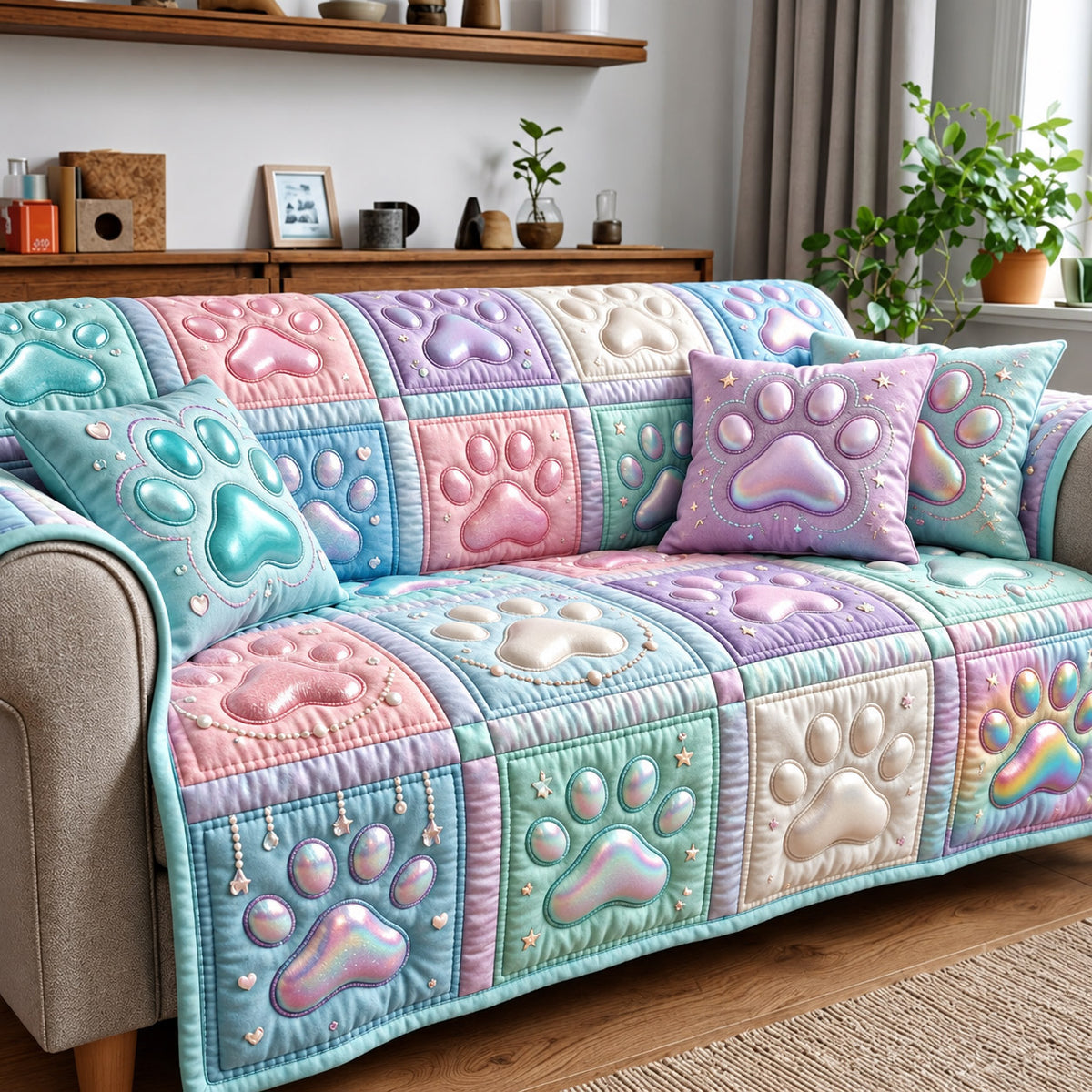Pastel Paw Quilted Sofa Cover GFTOMA14768