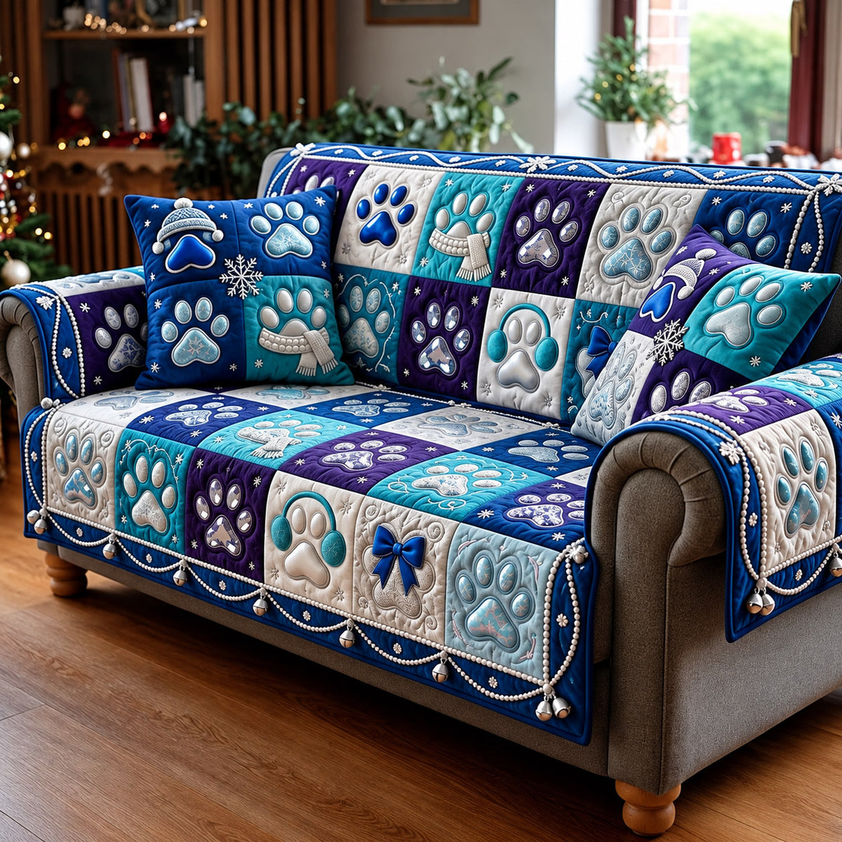 Blue Paw Quilted Sofa Cover GFTOMA14772
