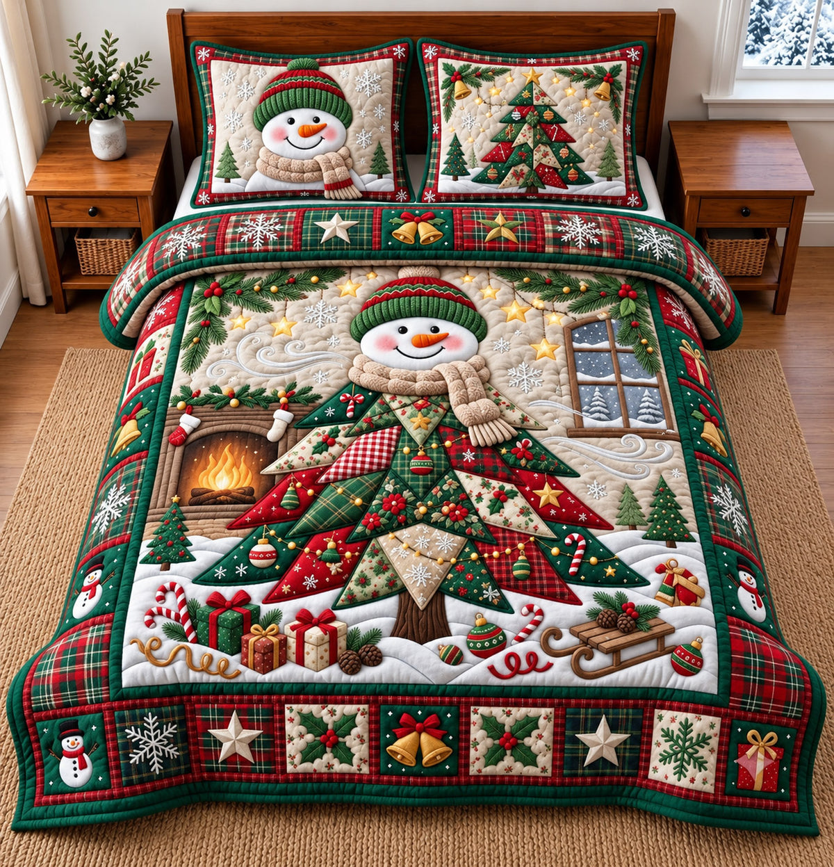 Snowman Tree 3-Piece Quilted Bedding Set GFTOMA14826