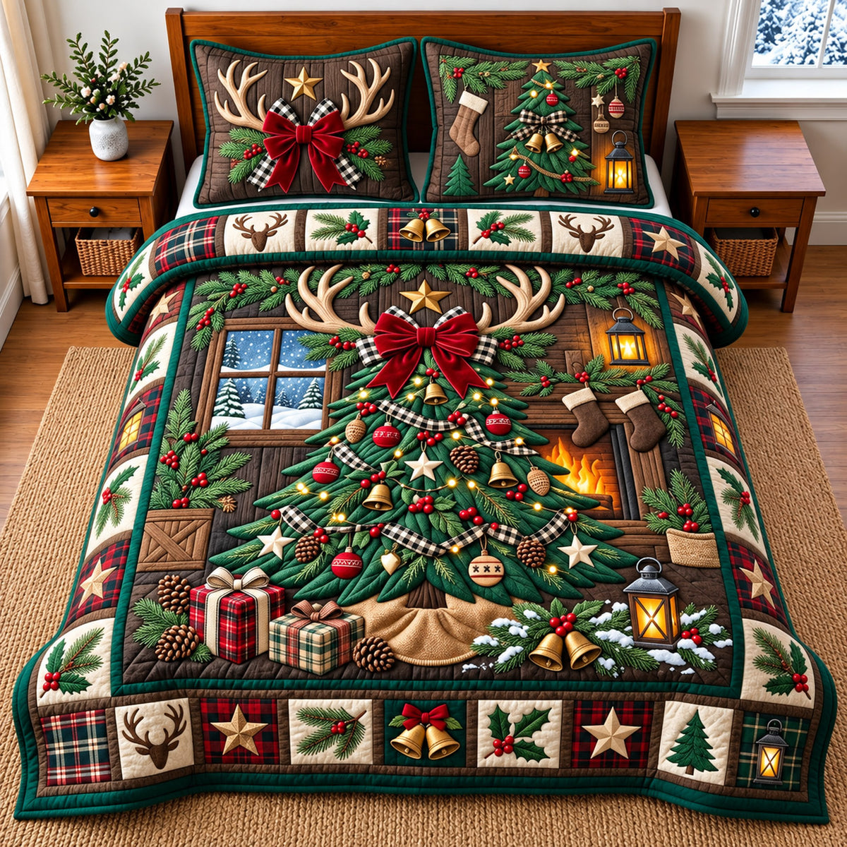 Rustic Christmas Tree 3-Piece Quilted Bedding Set GFTOMA14827