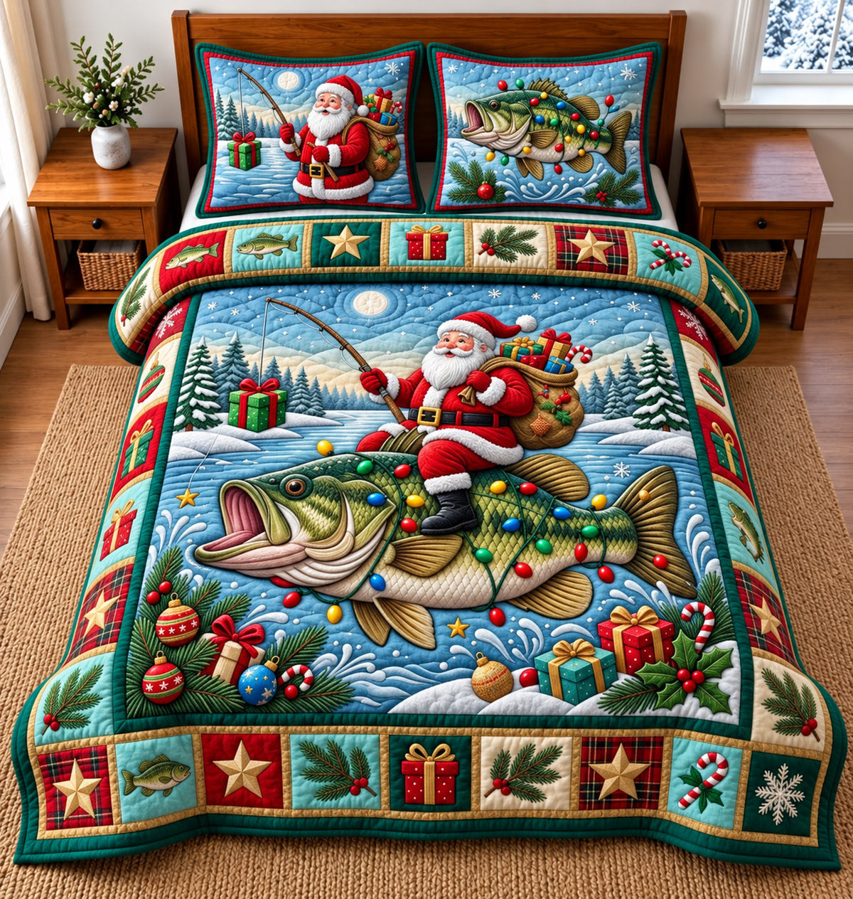 Santa Fishing 3-Piece Quilted Bedding Set GFTOMA14832