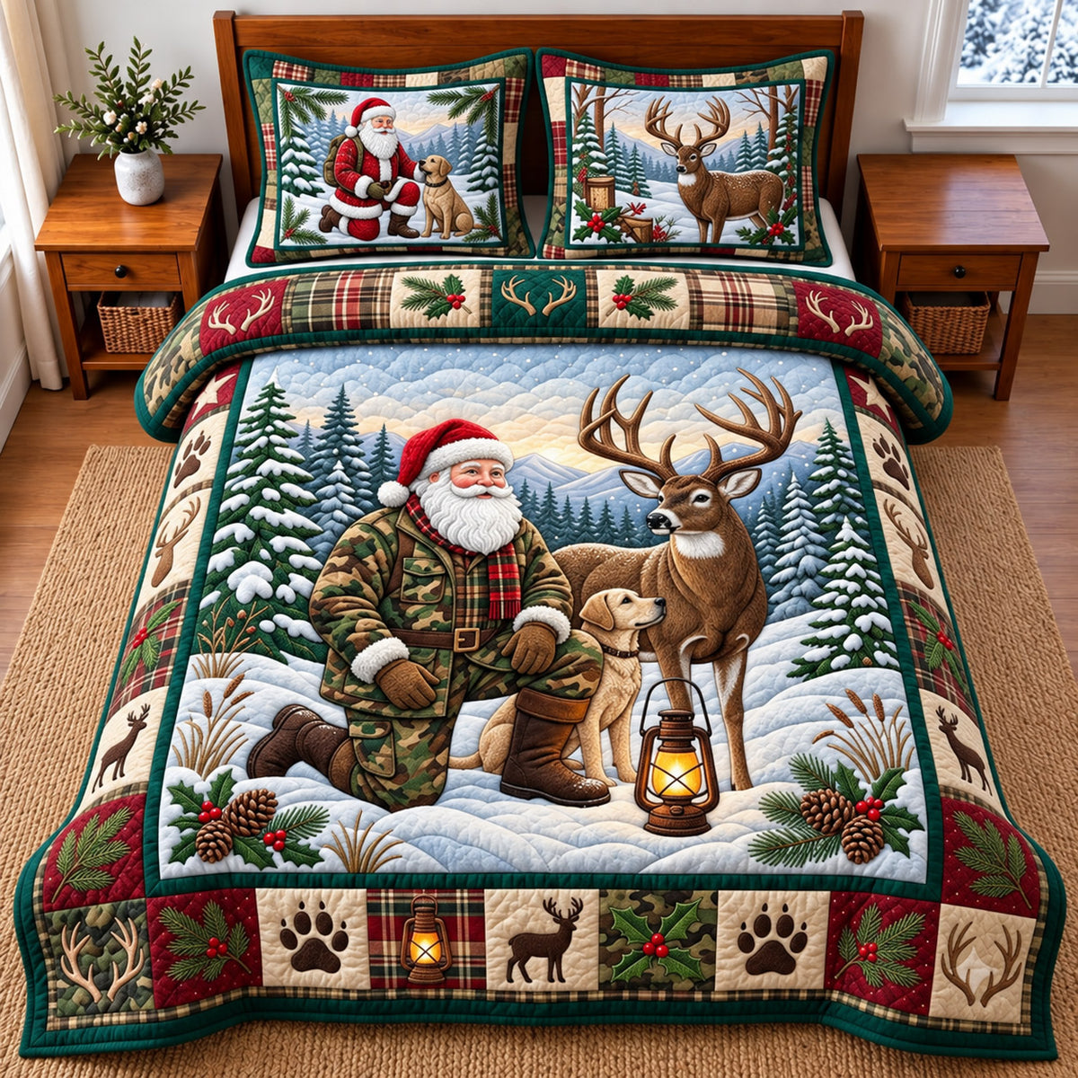Santa Deer Hunt 3-Piece Quilted Bedding Set GFTOMA14835
