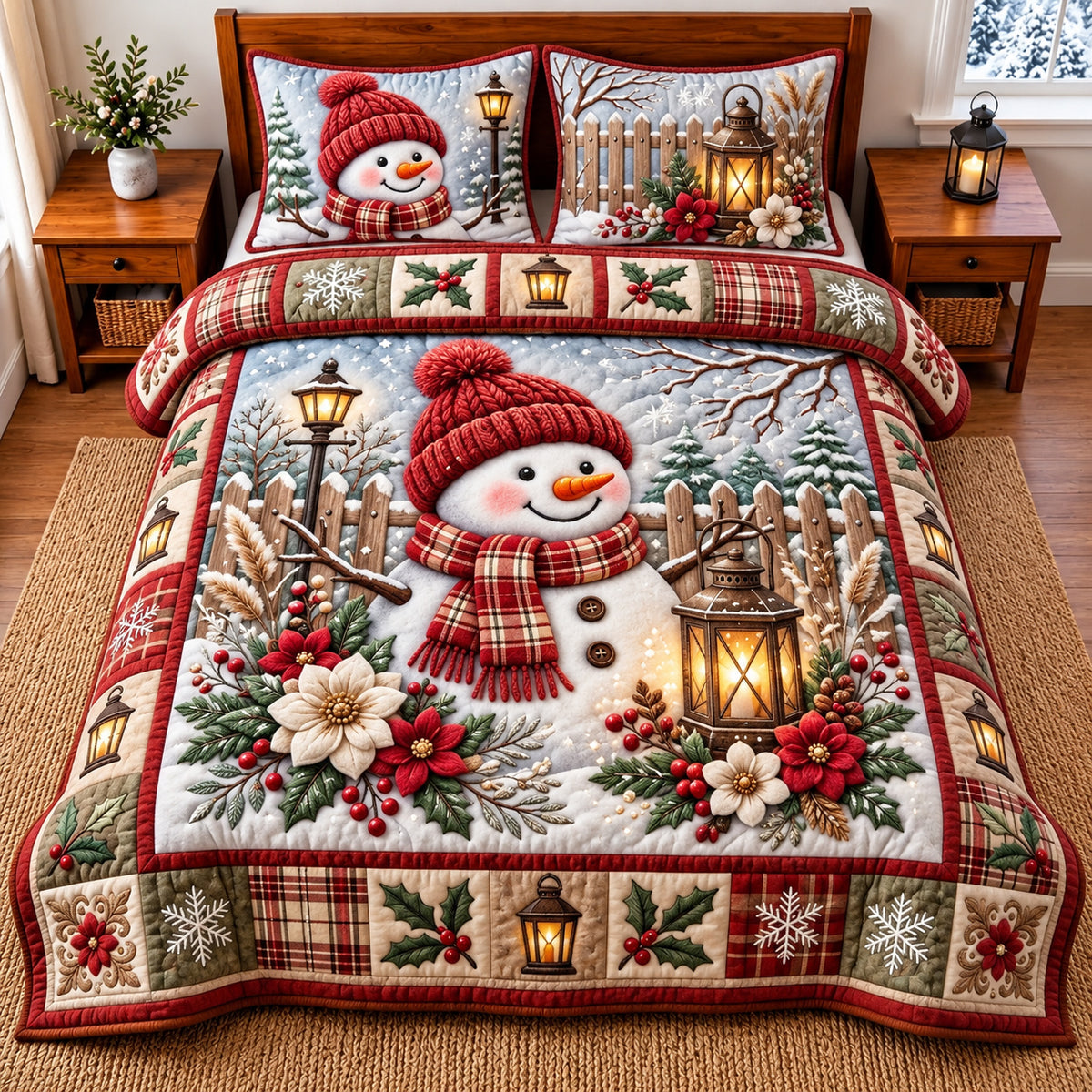 Lantern Snowman 3-Piece Quilted Bedding Set GFTOMA14848