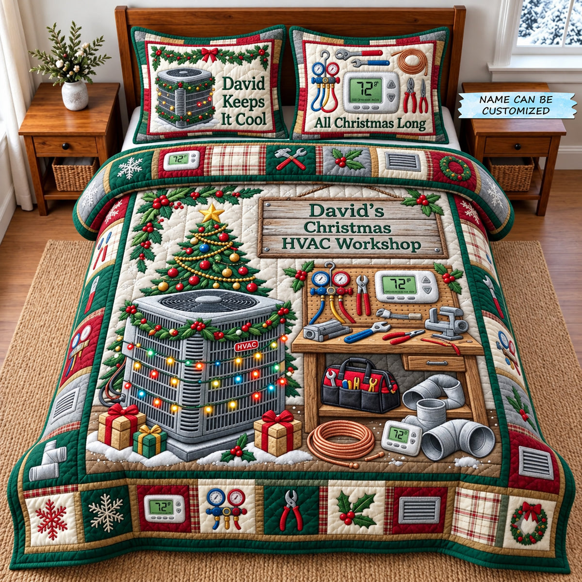 Personalized HVAC Technician 3-Piece Quilted Bedding Set QTCUZ GFTOMA14924