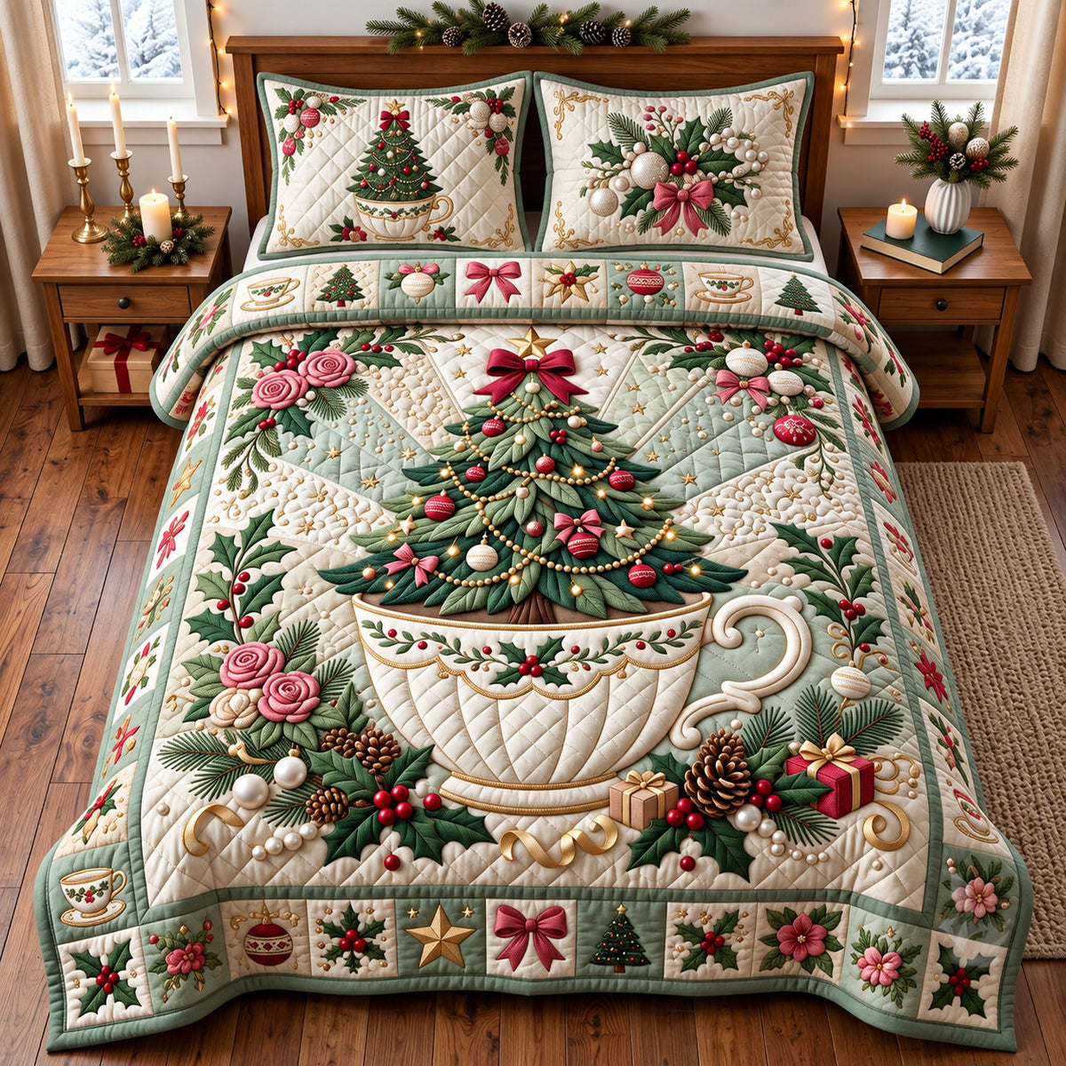 Teacup Christmas 3-Piece Quilted Bedding Set GFTOMA15085