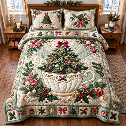 Teacup Christmas 3-Piece Quilted Bedding Set GFTOMA15085