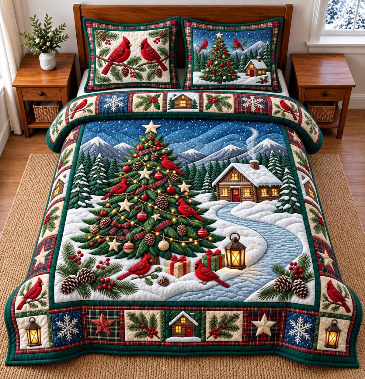Village Christmas Tree 3-Piece Quilted Bedding Set GFTOMA15086
