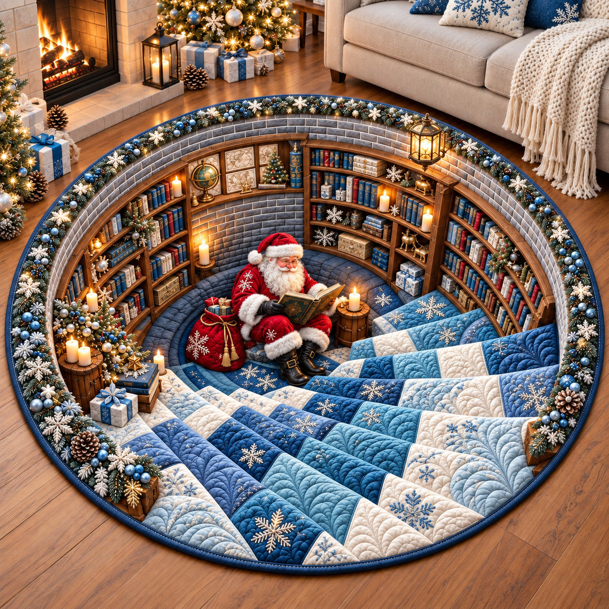 Winter Santa Library Quilted Round Mat GFTOMA15130