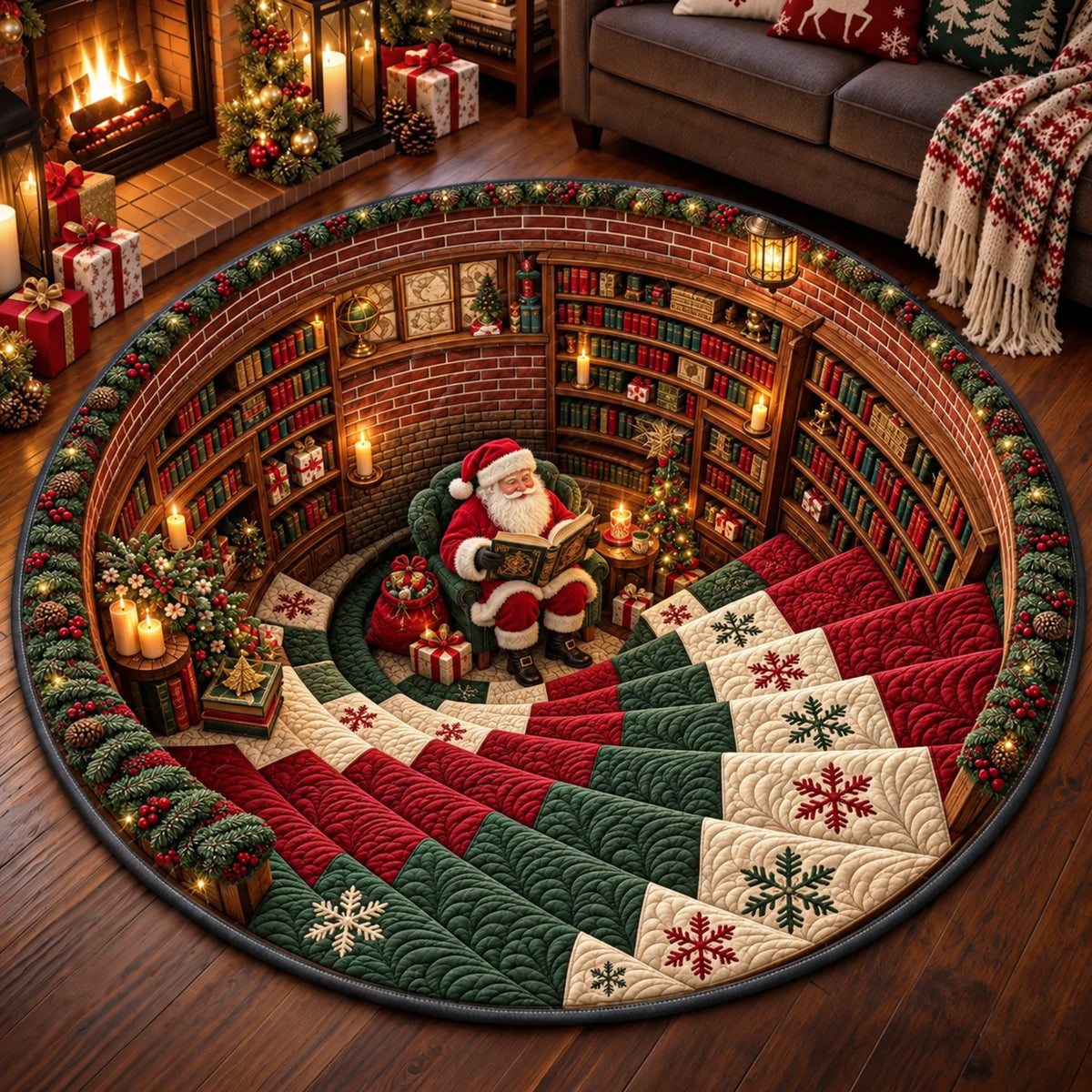 Christmas Santa Library Quilted Round Mat GFTOMA15131