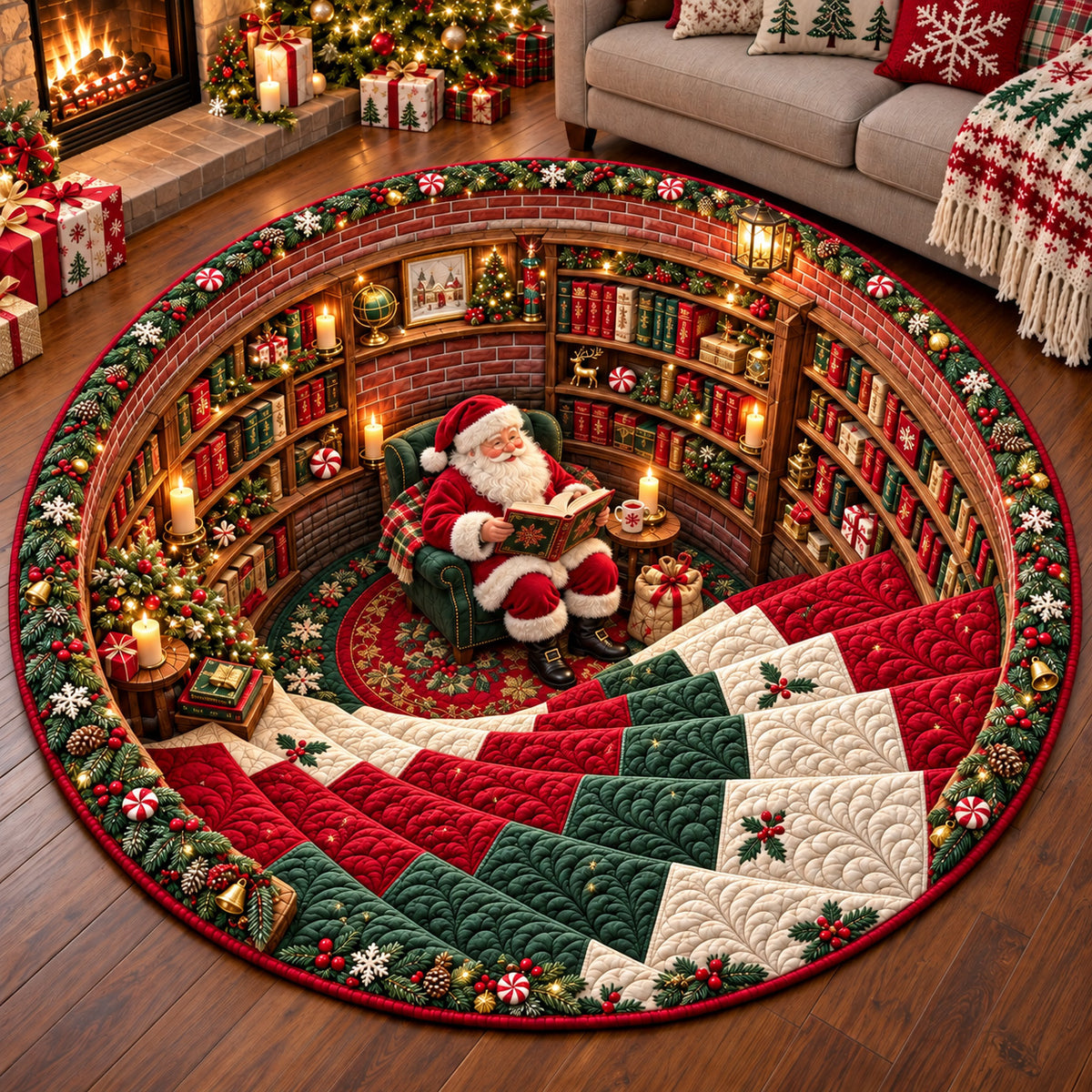 Holiday Santa Library Quilted Round Mat GFTOMA15133