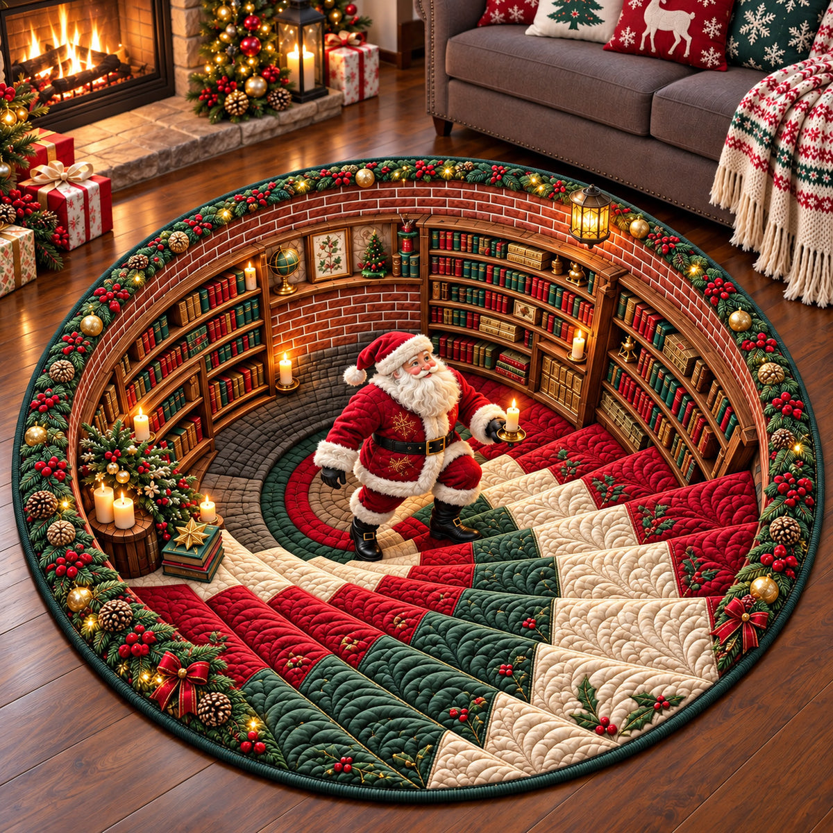 Classic Santa Library Quilted Round Mat GFTOMA15135