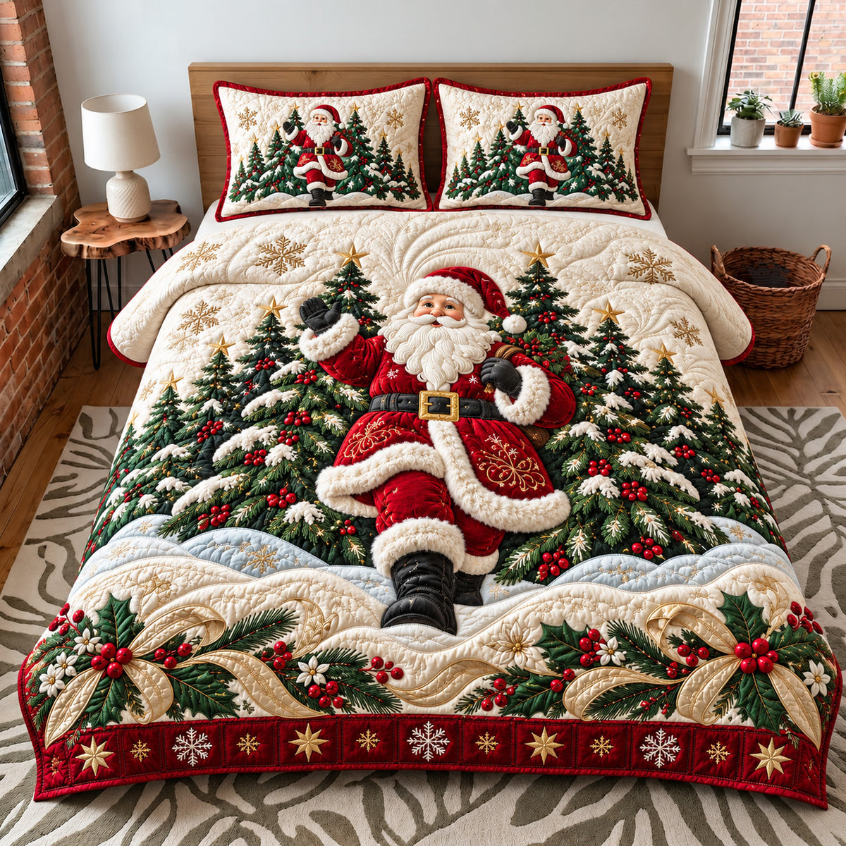 Forest Santa 3-Piece Quilted Bedding Set GFTOMA15199