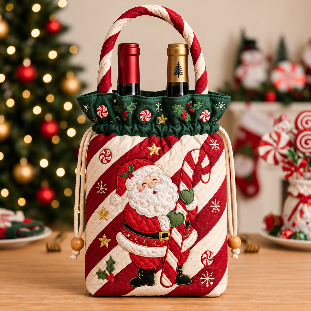 Candy Cane Santa Quilted Bottle Carrier Bag GFTOMA15466