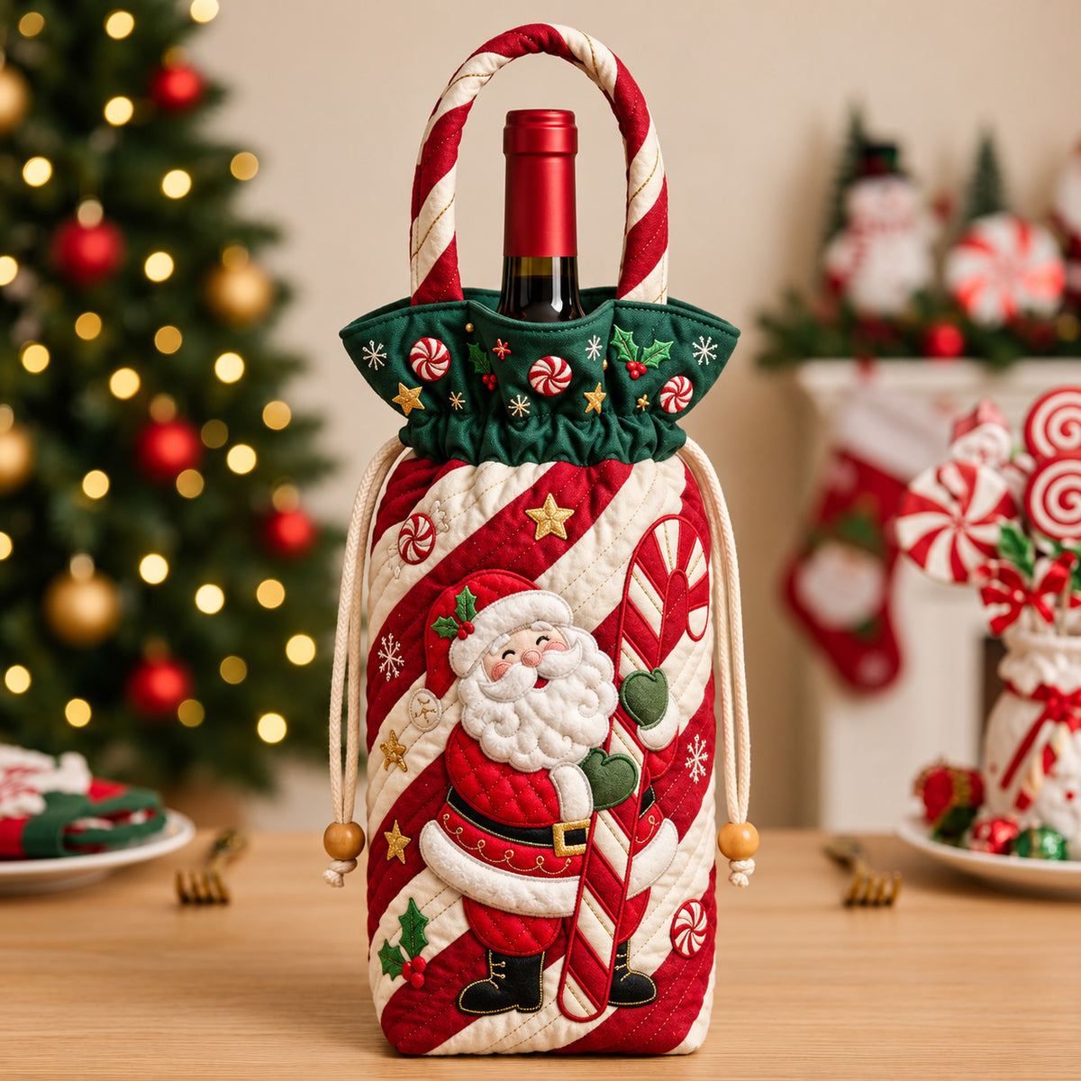 Candy Cane Santa Quilted Bottle Carrier Bag GFTOMA15466