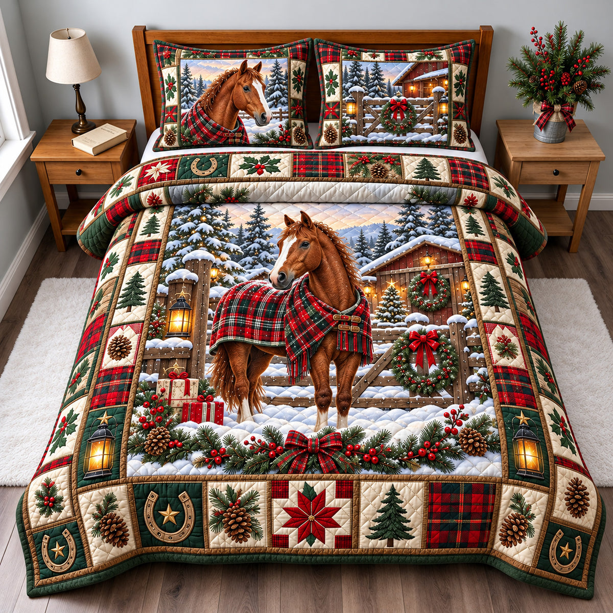 Christmas Horse 3-Piece Quilted Bedding Set GFTOMA15516