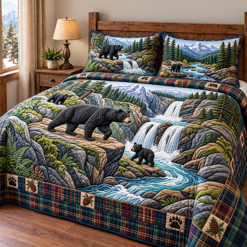 Waterfall Black Bear 3-Piece Quilted Bedding Set GFTOMA15551