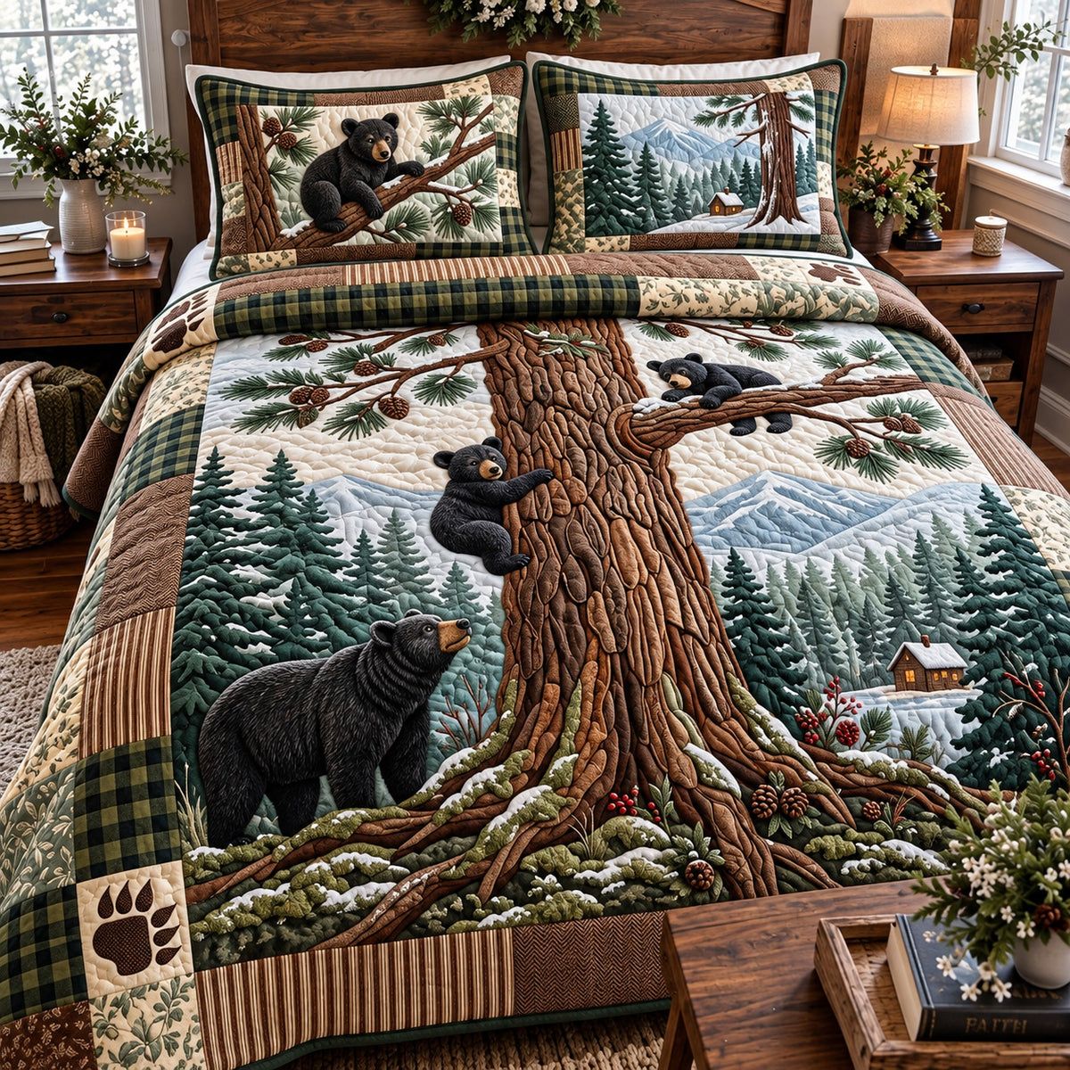 Pine Forest Bear 3-Piece Quilted Bedding Set GFTOMA15625
