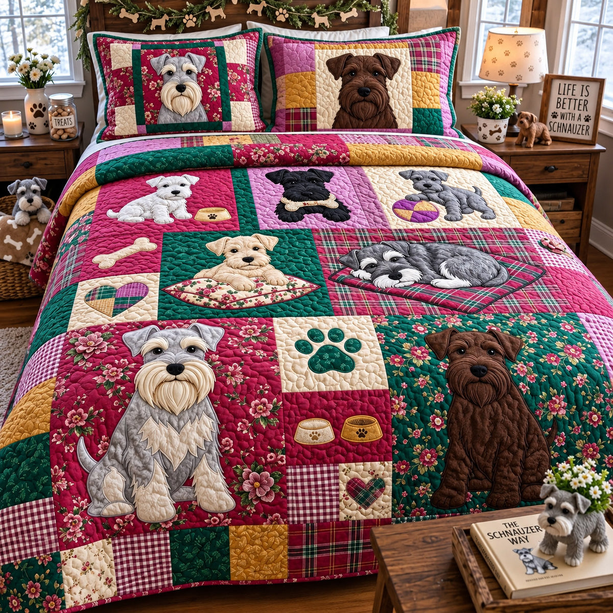 Pink Schnauzer 3-Piece Quilted Bedding Set GFTOMA15756