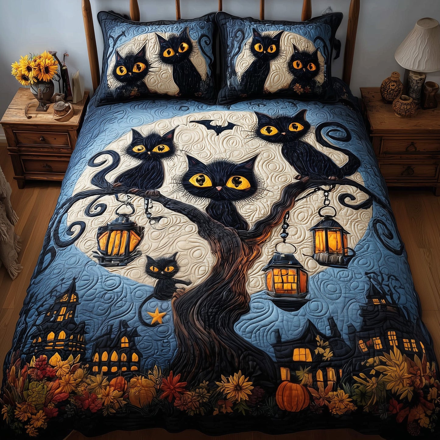 Midnight Cat 3-Piece Quilted Bedding Set GFTOMA4079