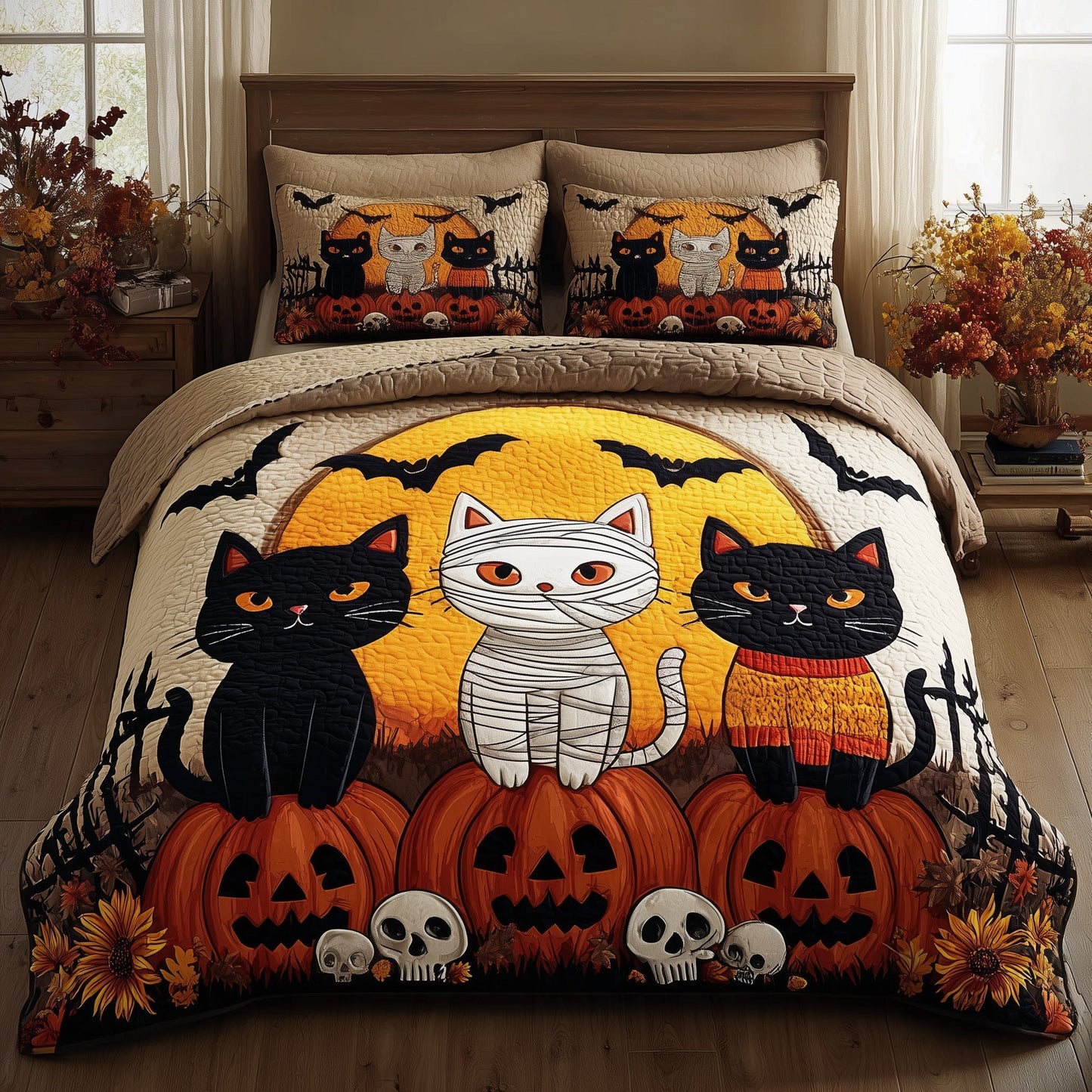 Midnight Cat 3-Piece Quilted Bedding Set GFTOMA4080