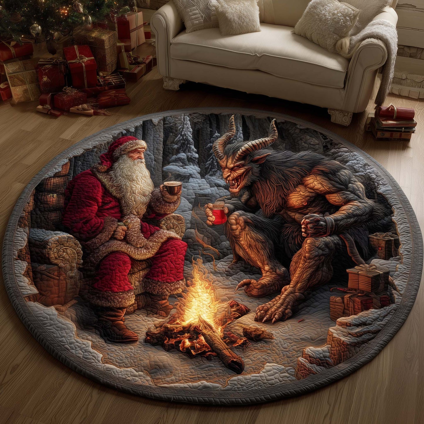 Santa and Krampus Quilted Round Mat GFTOMA7289