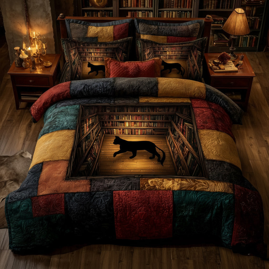 Whiskered Library 3-Piece Quilted Bedding Set GFTOMA8152