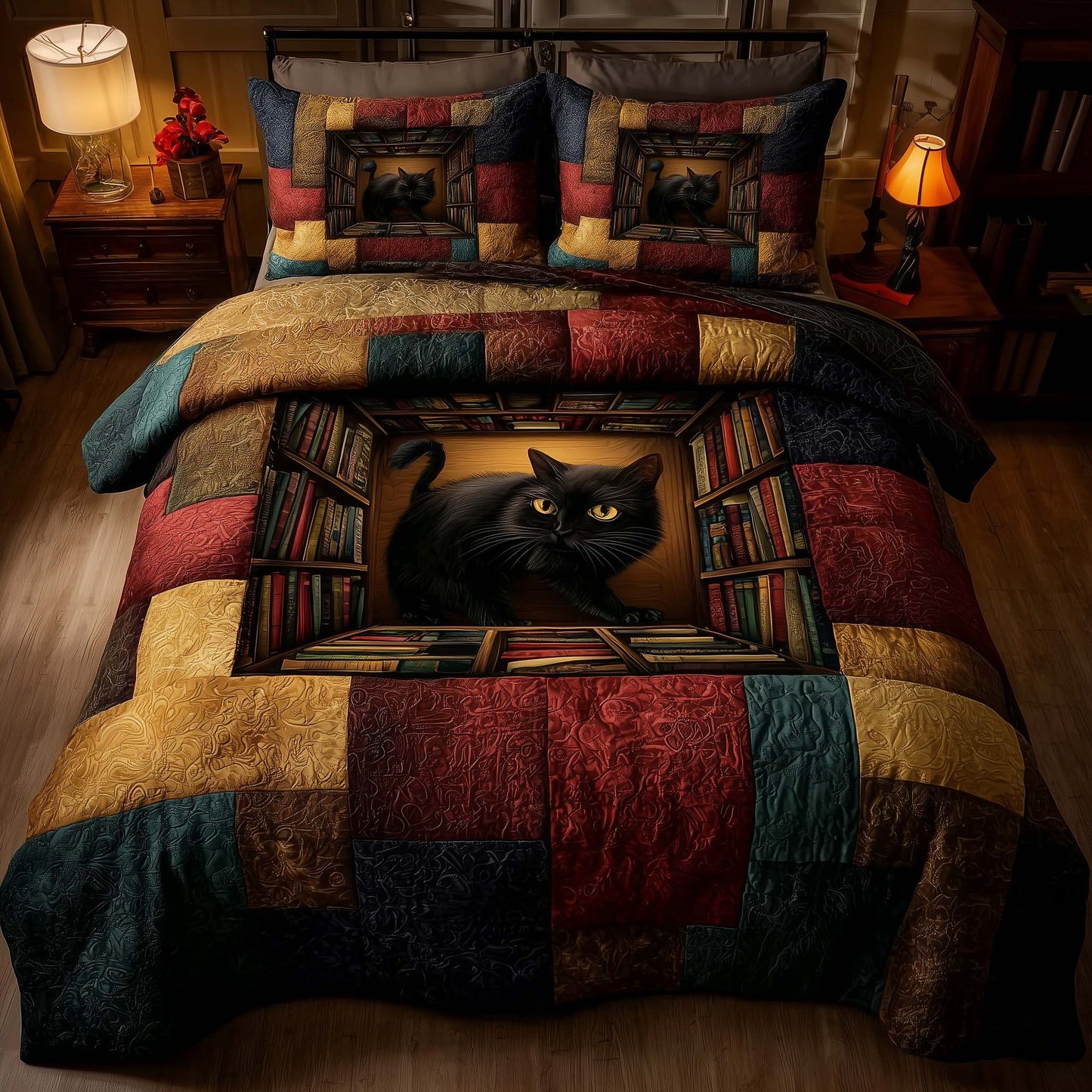 Whiskered Library 3-Piece Quilted Bedding Set GFTOMA8154