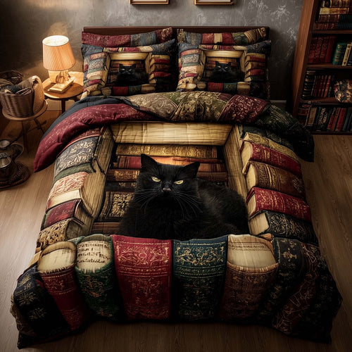 Whiskered Library 3-Piece Quilted Bedding Set GFTOMA8156