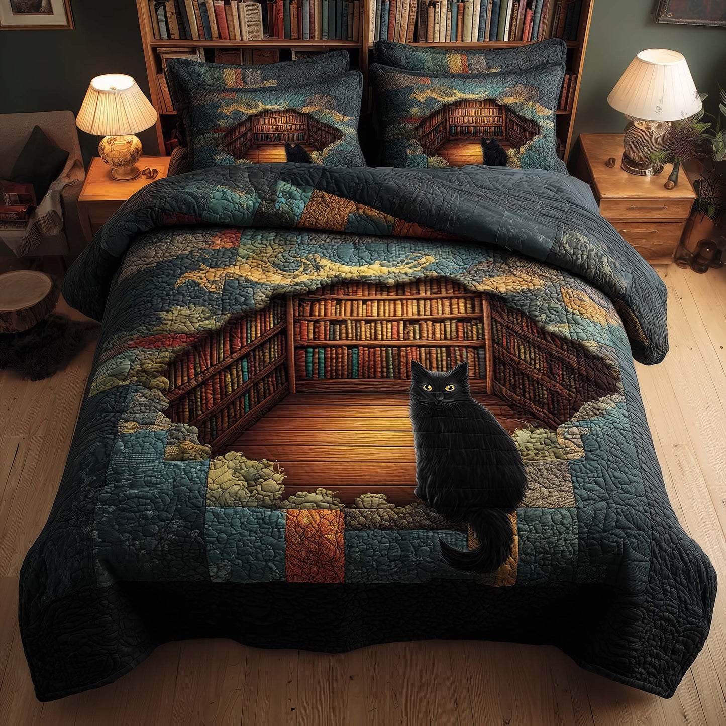 Whiskered Library 3-Piece Quilted Bedding Set GFTOMA8157