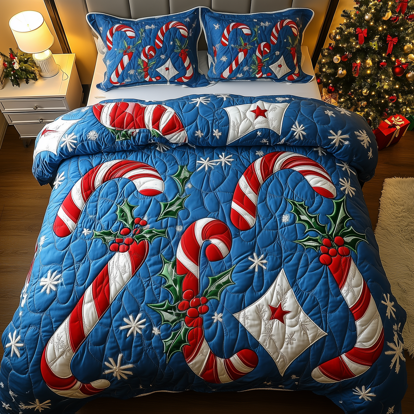 Cheerful Candy Cane 3-Piece Quilted Bedding Set GFTONL1522