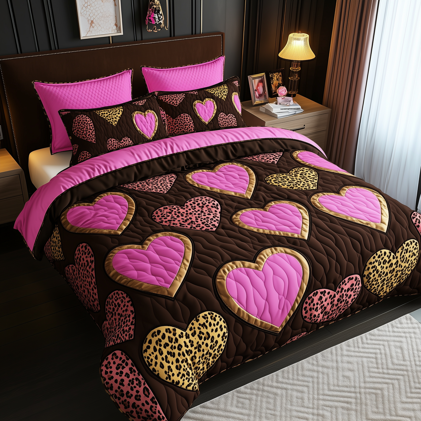 Pink Leopard Heart 3-Piece Quilted Bedding Set GFTONL1691