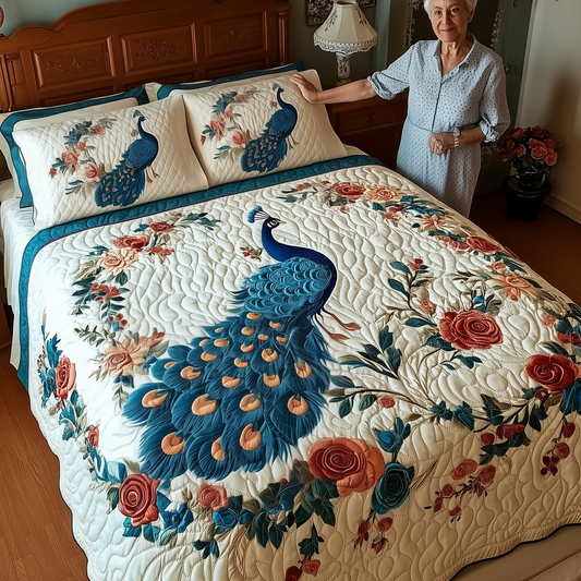 Royal Peacock 3-Piece Quilted Bedding Set GFTONL1914