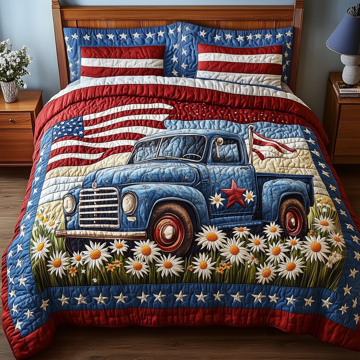 Patriotic America Truck 3-Piece Quilted Bedding Set GFTONL2797
