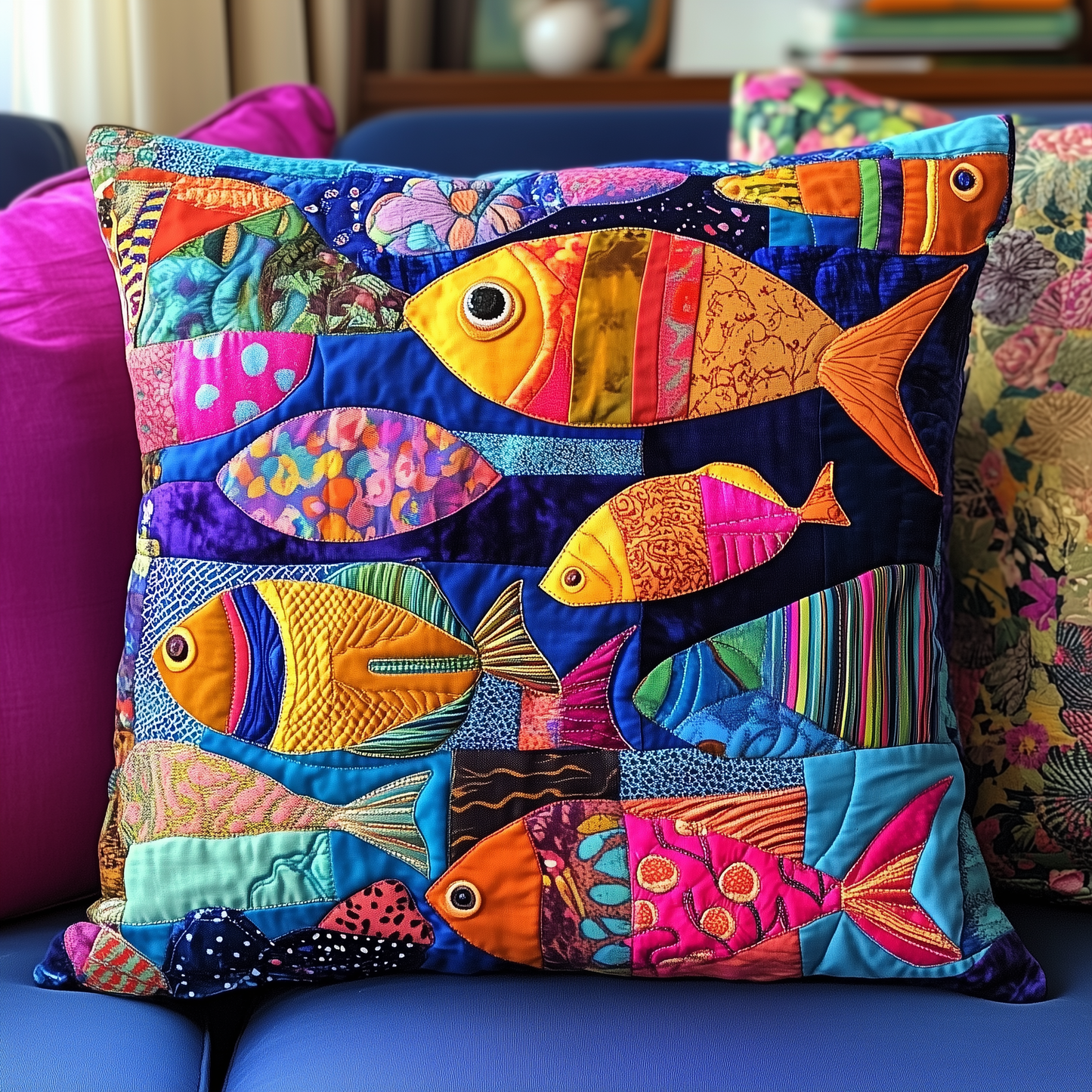 Colorful Fishes Patchwork Quilted Pillow Case GFTONL318