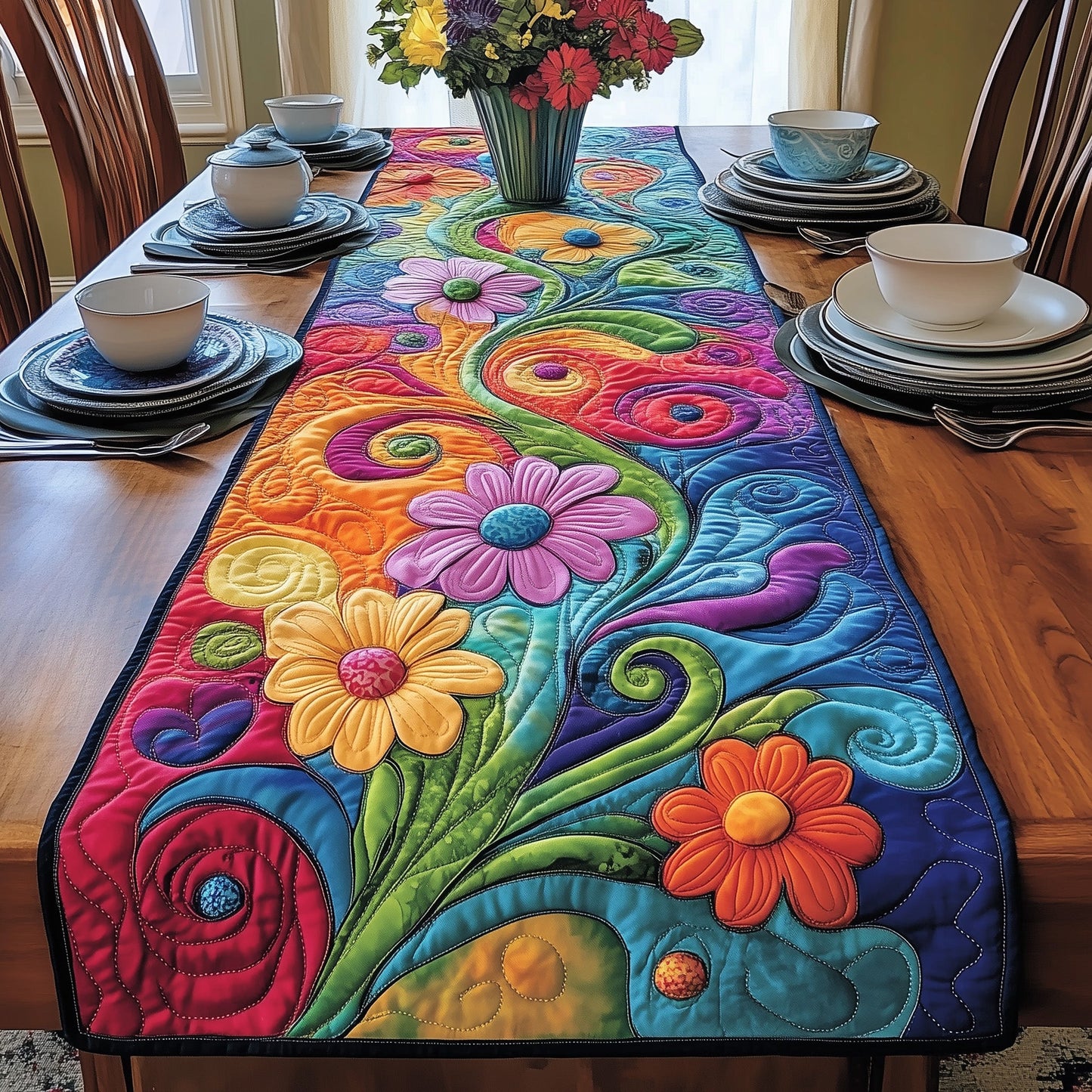 Colorful Blossoms Quilted Table Runner GFTONL3574
