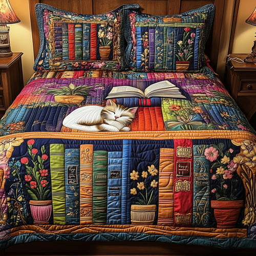 Vintage Cat Bookshelf 3-Piece Quilted Bedding Set GFTONL3657