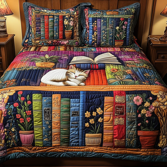 Vintage Cat Bookshelf 3-Piece Quilted Bedding Set GFTONL3657