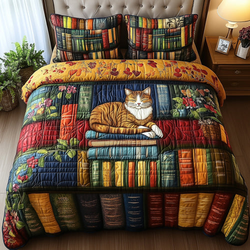 Vintage Cat Bookshelf 3-Piece Quilted Bedding Set GFTONL3662