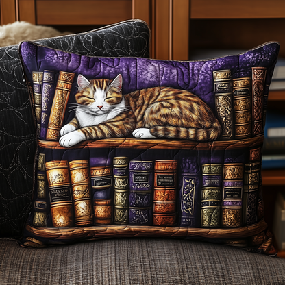 Vintage Bookshelf Cat Quilted Pillow Case GFTONL382