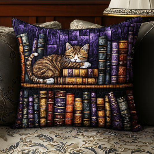 Vintage Bookshelf Cat Quilted Pillow Case GFTONL385