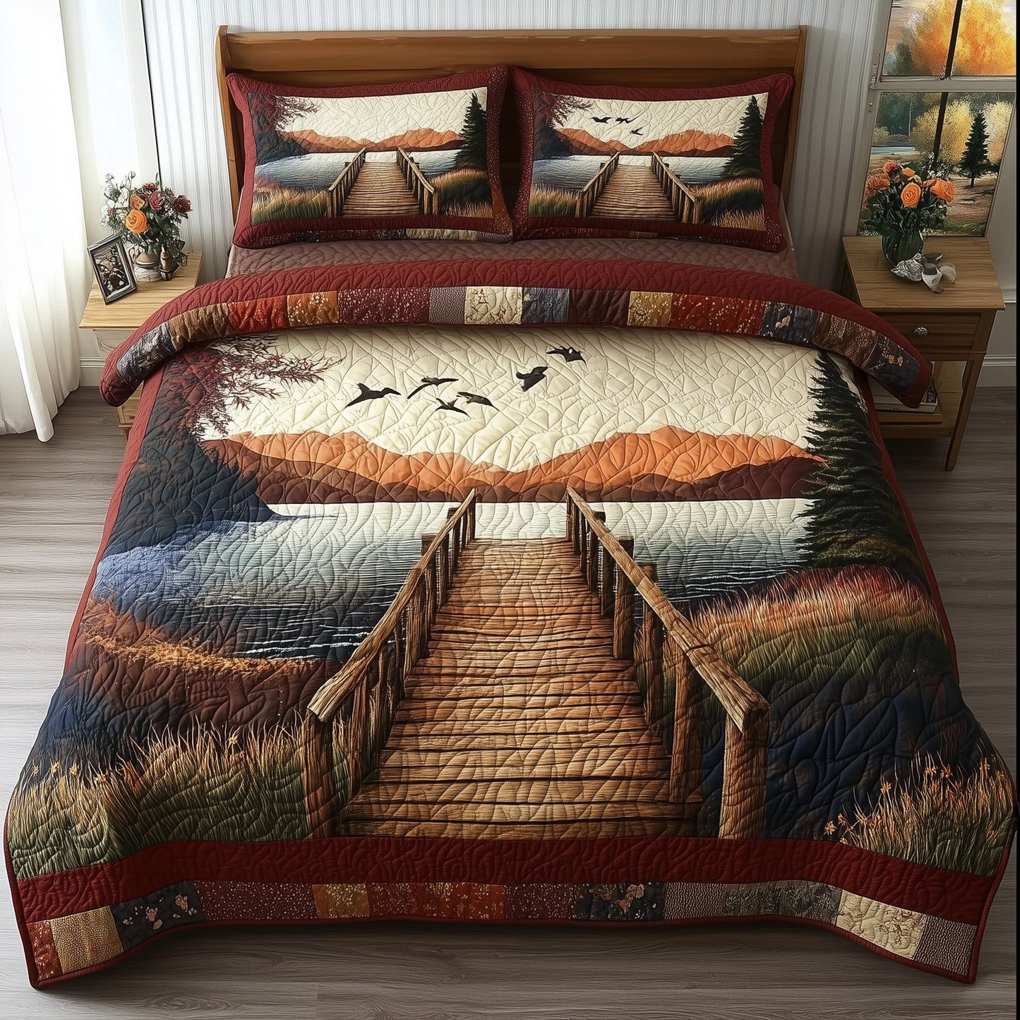 Rustic Wooden Dock 3-Piece Quilted Bedding Set GFTONL4307