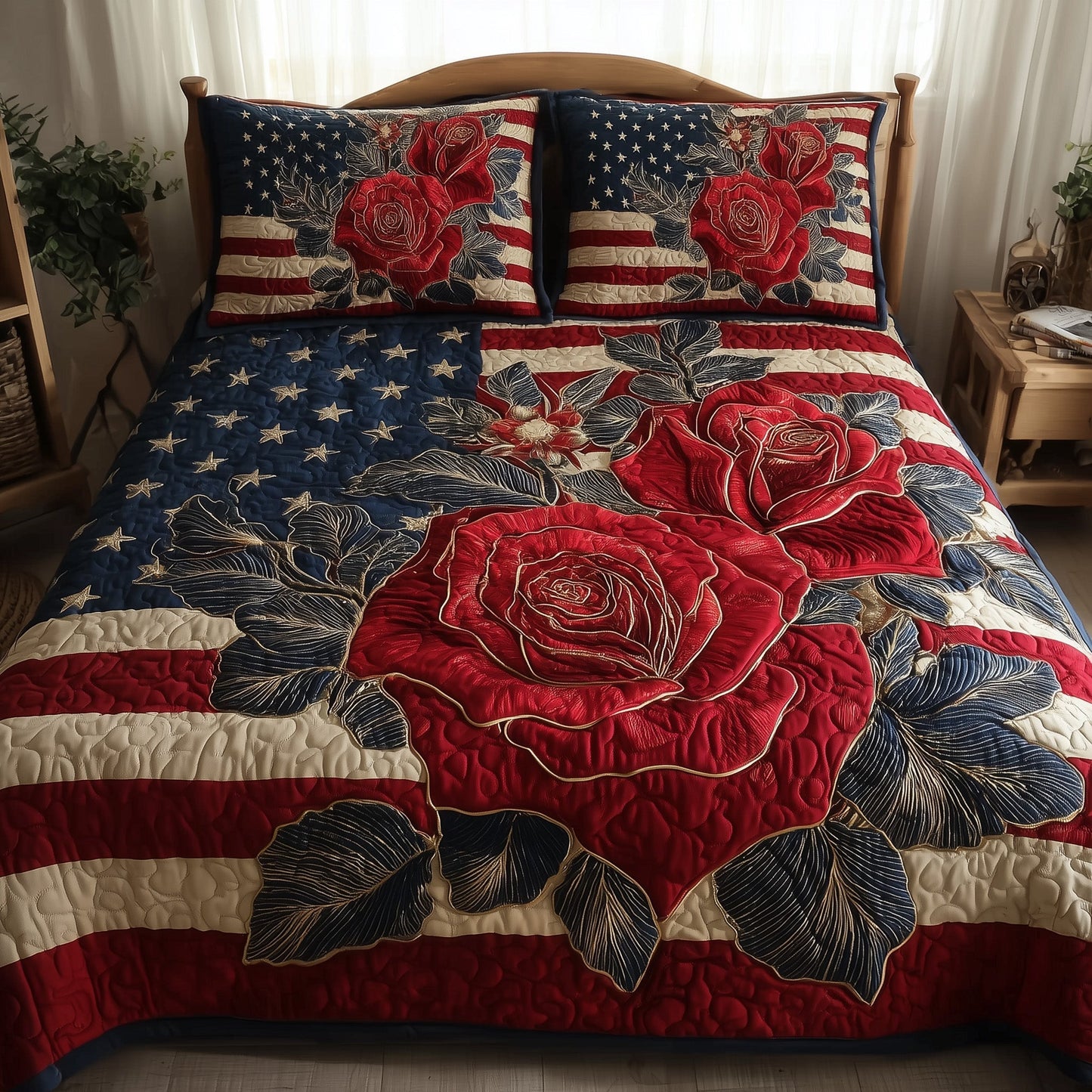 Vintage Patriotic Rose 3-Piece Quilted Bedding Set GFTONL4957