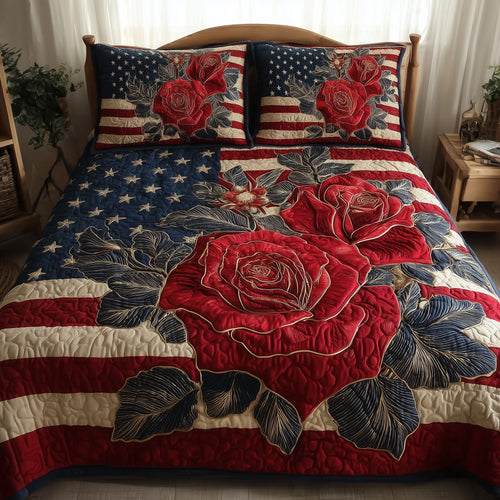 Vintage Patriotic Rose 3-Piece Quilted Bedding Set GFTONL4957
